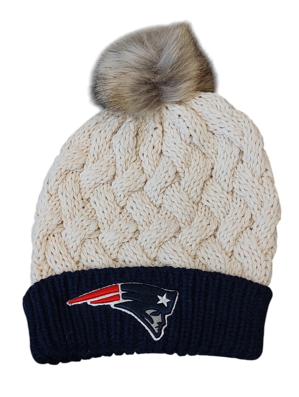 New NFL Team Apparel Patriots Cream and Navy Knit Hat with Brown Pom Pom